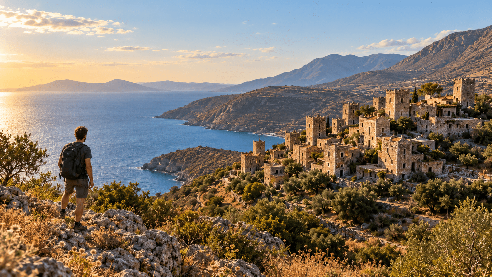 Hiker overlooking a traditional stone tower village and coastline in Inner Mani, Greece